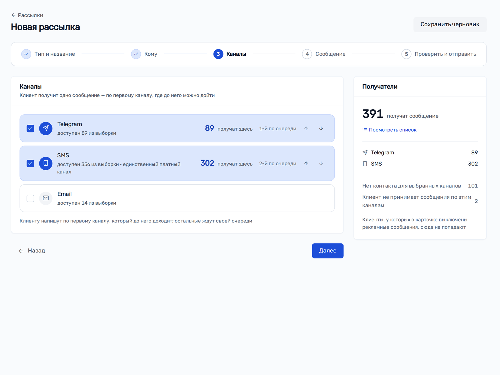 32Desk: новая рассылка — выбор каналов Telegram, Email и SMS и число получателей по каждому